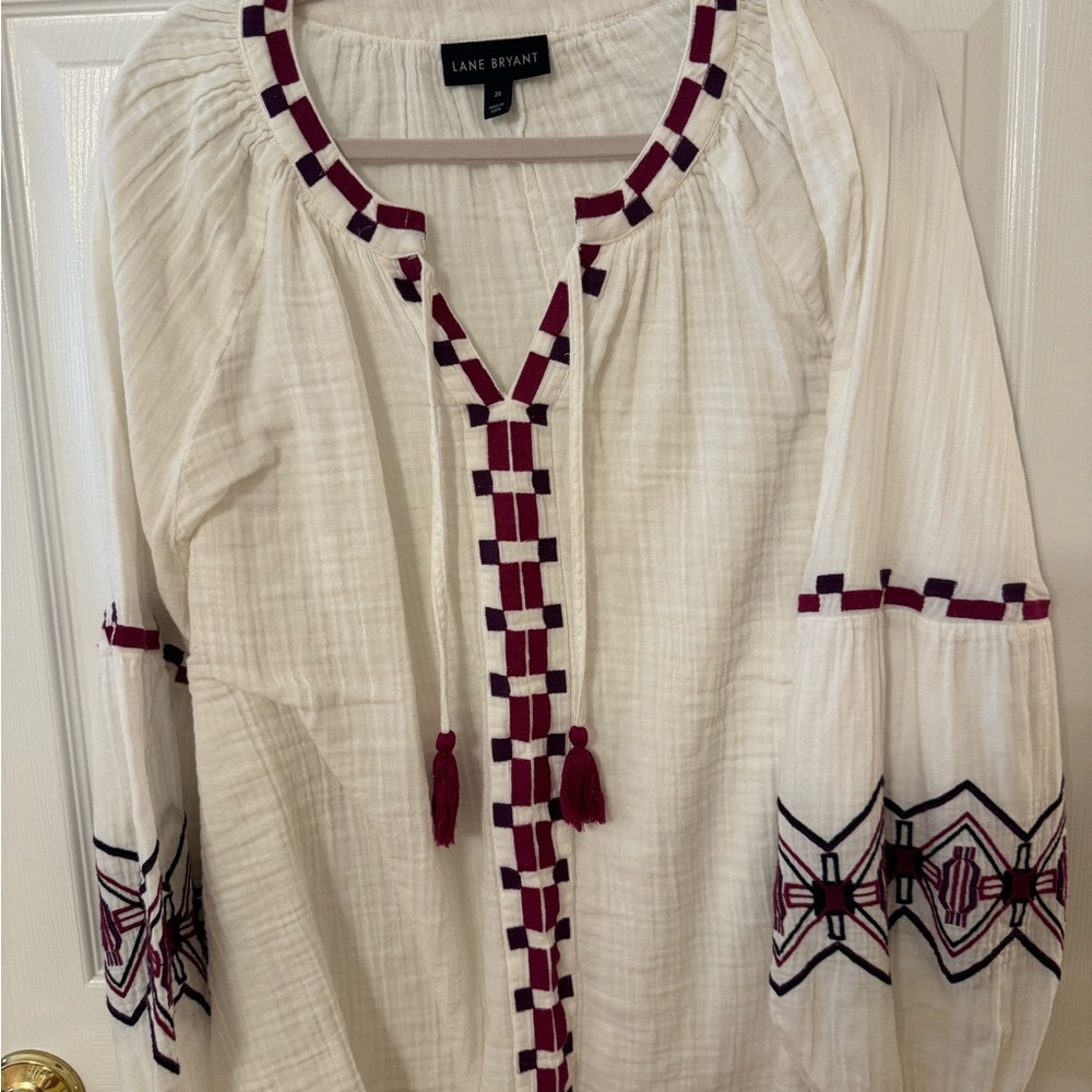 Lane Bryant Cream Embellished Blouse with Tie Front
